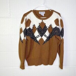 Vtg 90s Sweater Alexa Grace Womens Large Wool Blend Metallic Grandma Core Brown